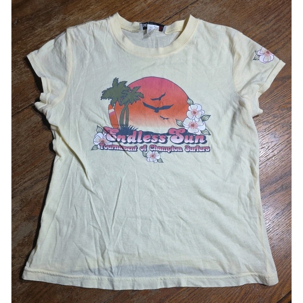 VTG Y2K Self‎ Esteem Endless Sun Baby Tee T-Shirt Womens Yellow Juniors Large